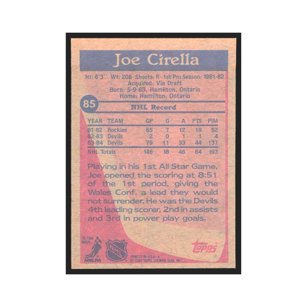 1984 Topps Joe Cirella New Jersey Devils #85