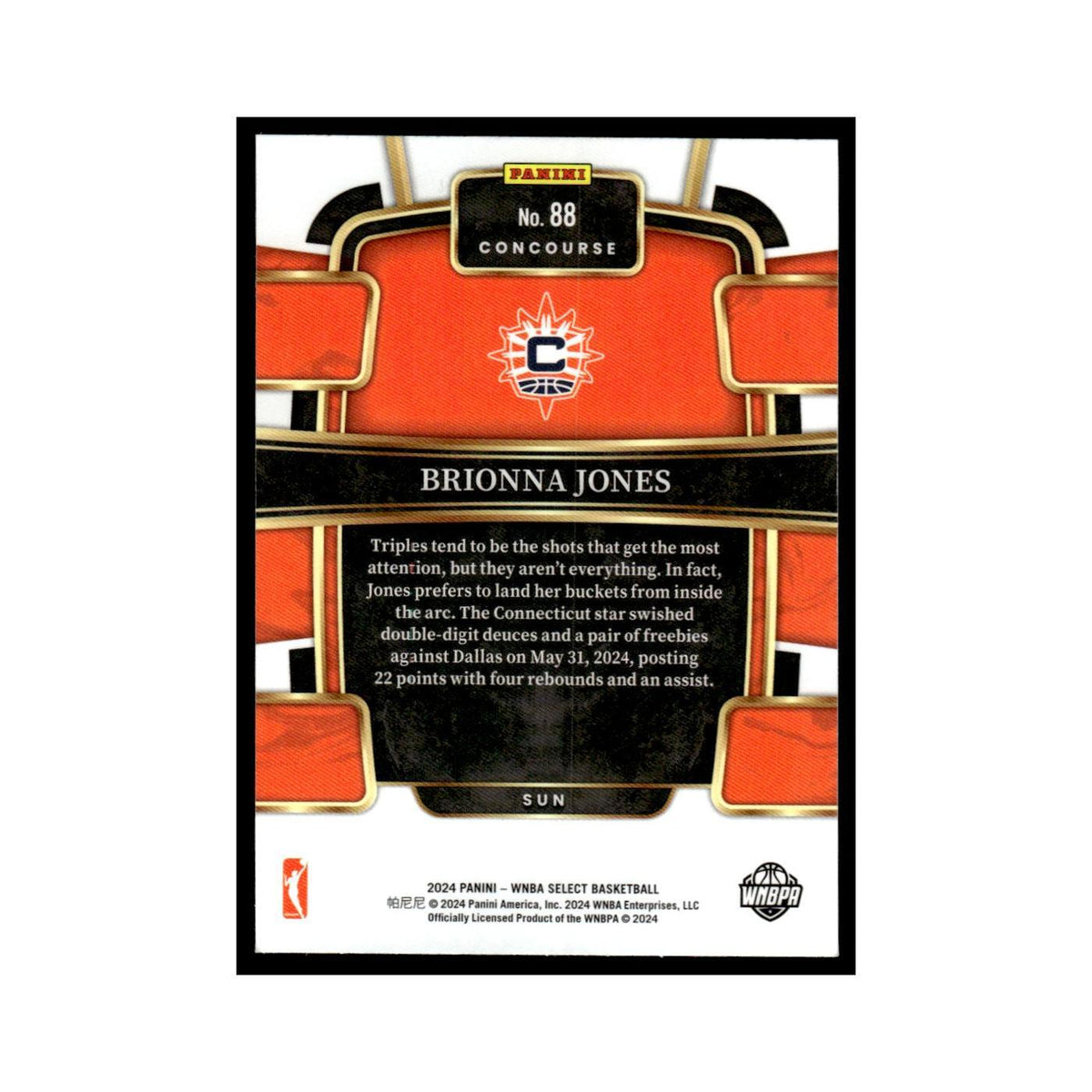 Brionna Jones 2024 Panini WNBA Select #88 Connecticut Sun Basketball Card NM