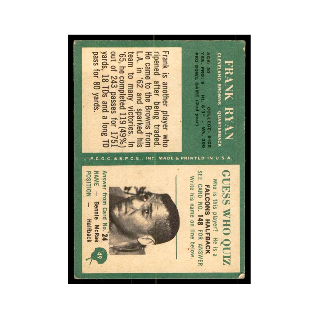 1966 Philadelphia (damaged) Frank Ryan Football Cards #49