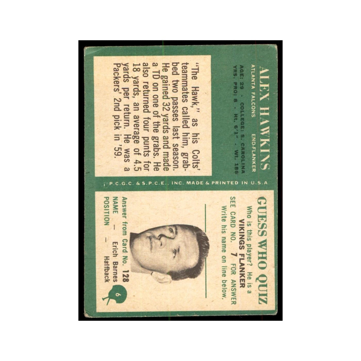 1966 Philadelphia (damaged) Alex Hawkins Football Cards #6