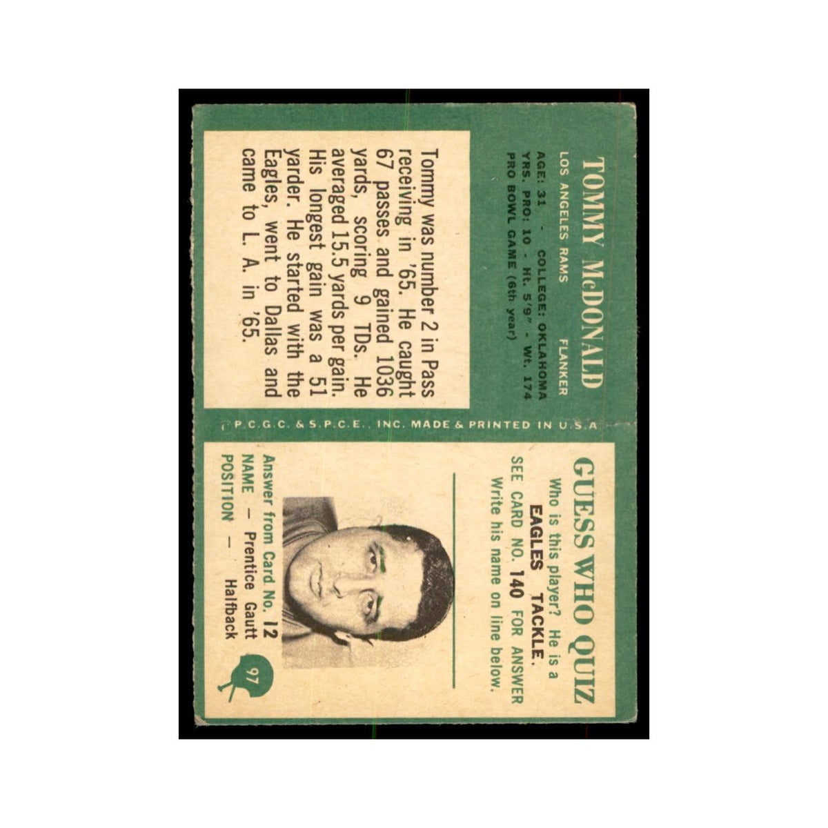 1966 Philadelphia (damaged) Tommy McDonals Football Cards #97