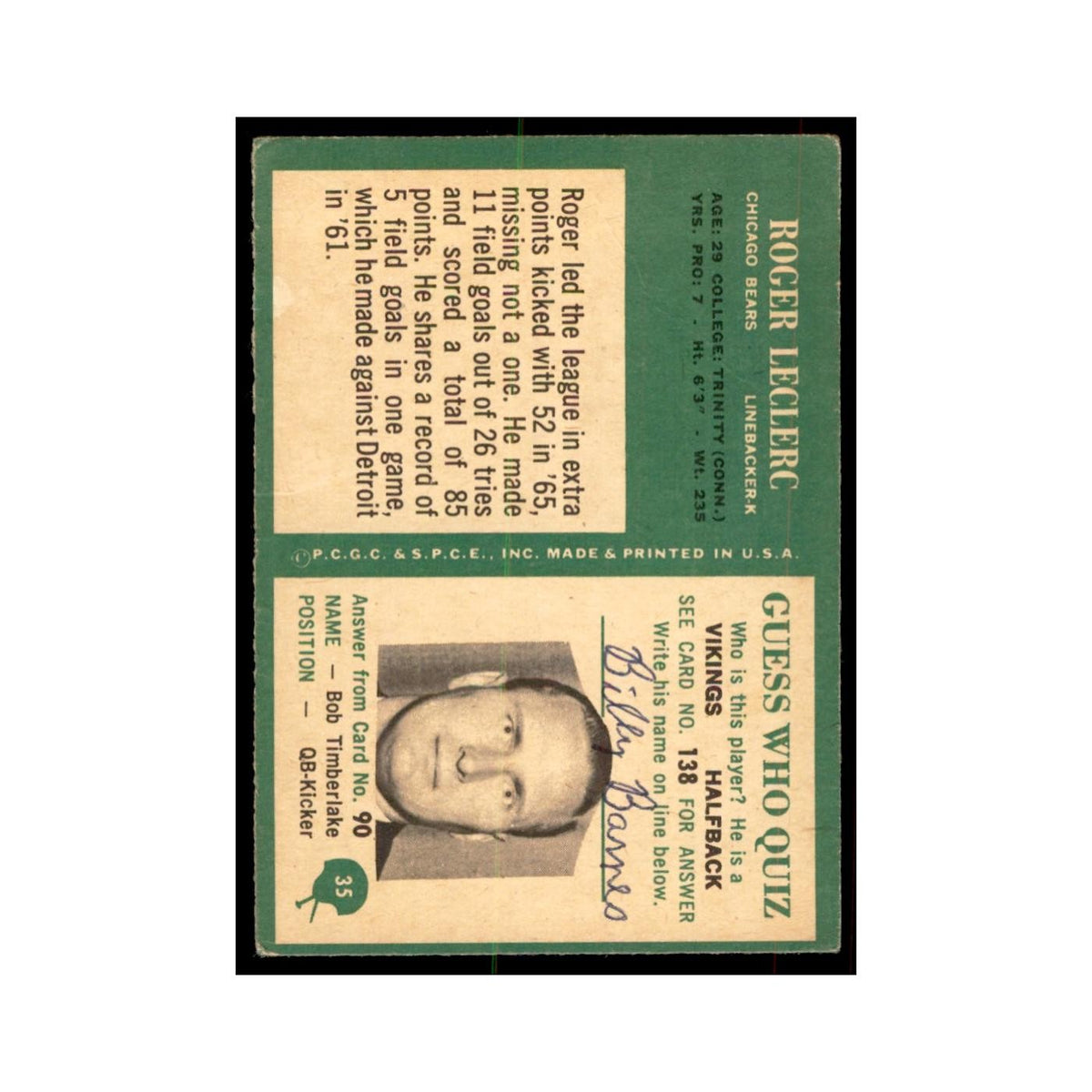 1966 Philadelphia (damaged) Roger LeClerc Football Cards #35