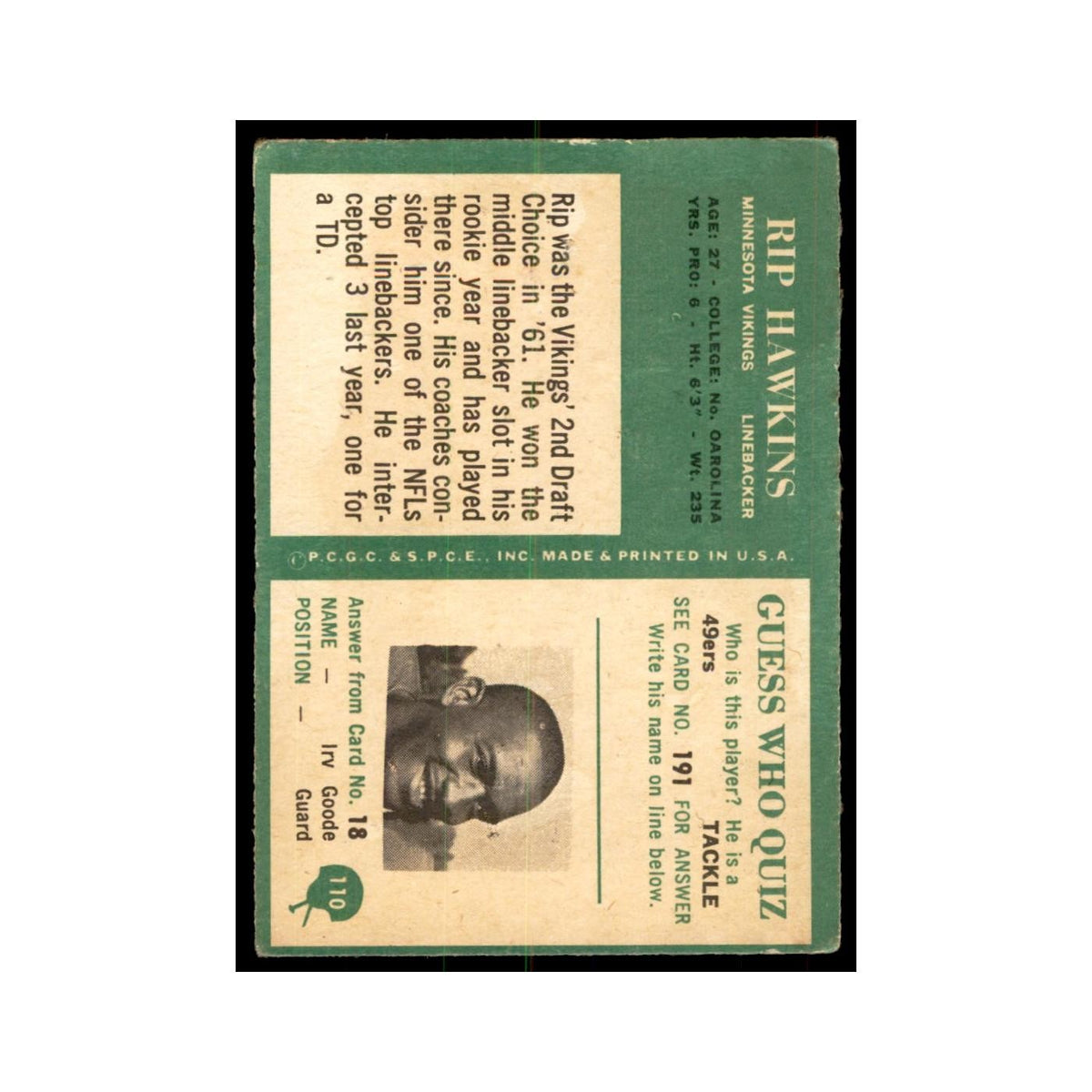 1966 Philadelphia (damaged) Rip Hawkins Football Cards #110