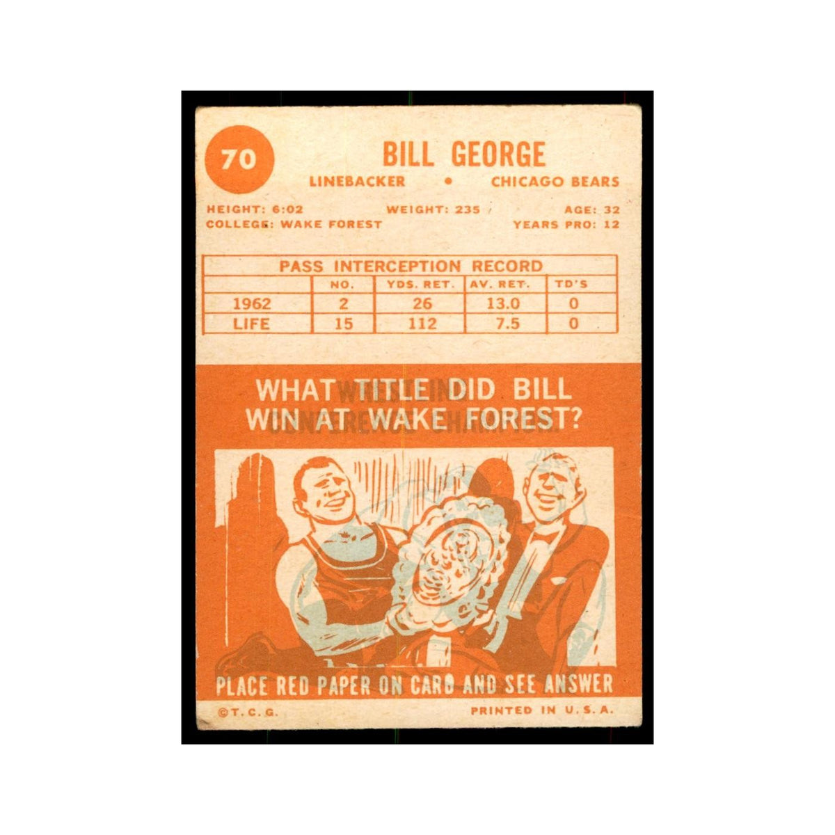 1963 Topps Bill George Football Cards #70