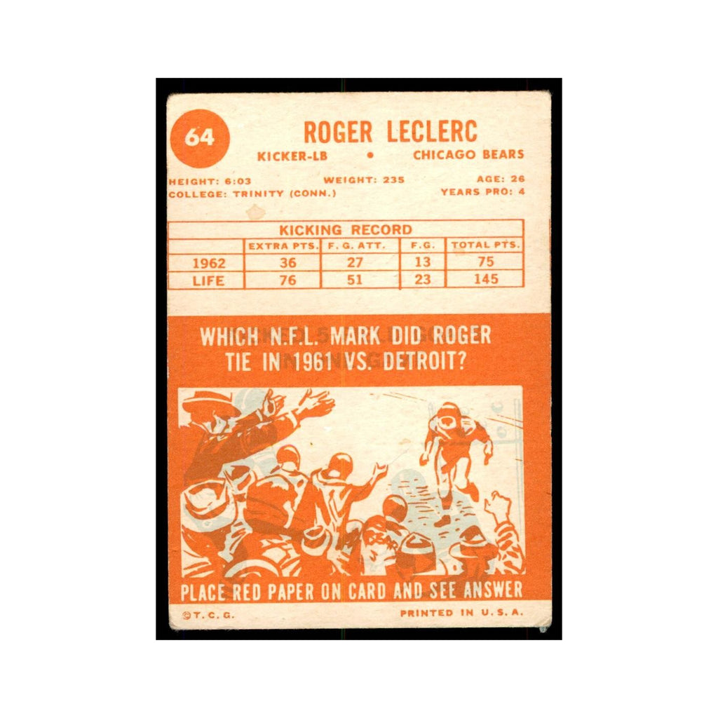 1963 Topps Roger LeClerc Football Cards #64