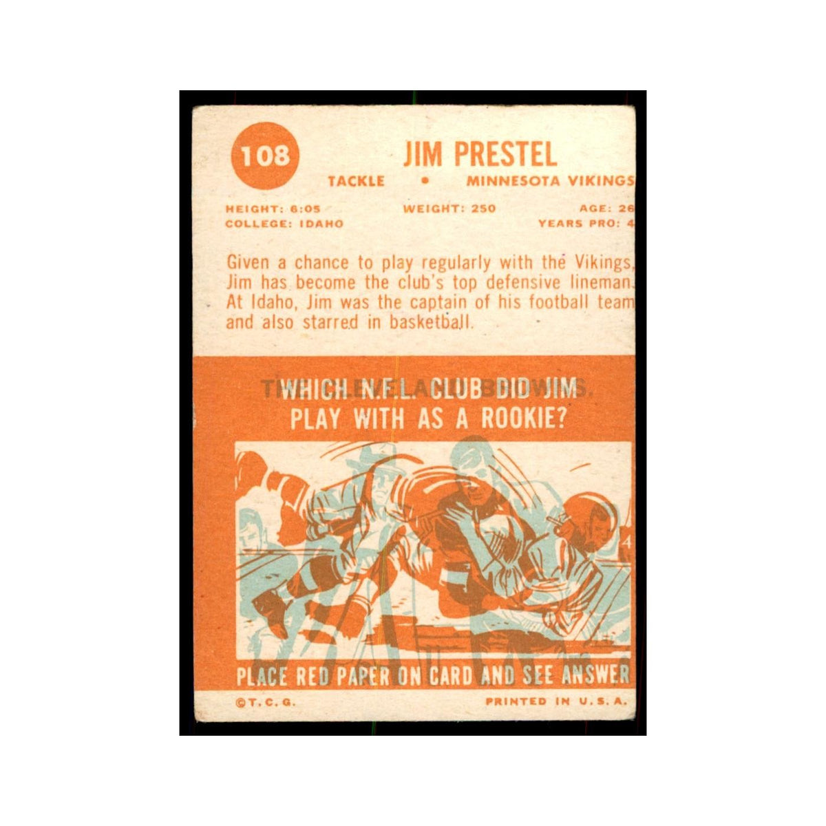 1963 Topps Jim Prestel Football Cards #108