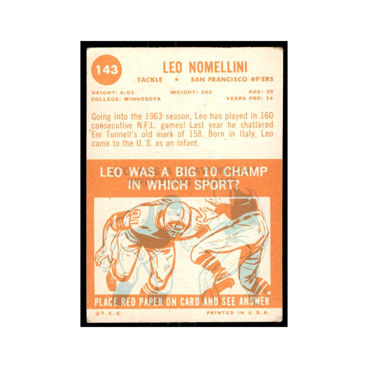 1963 Topps Leo Nomellini Football Cards #143
