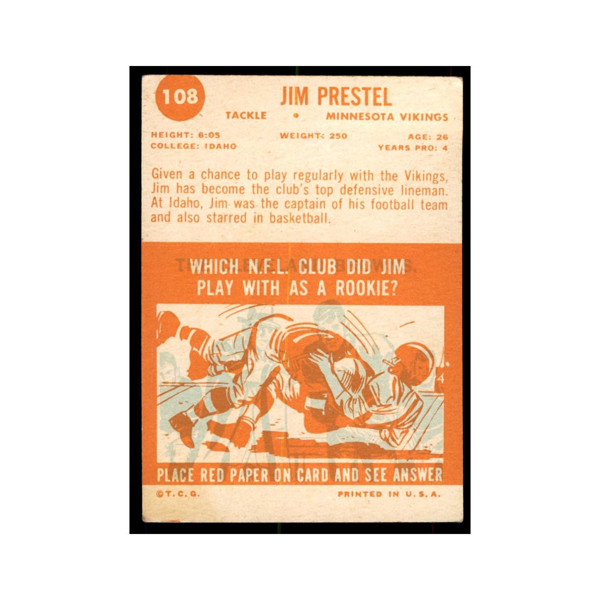 1963 Topps Jim Prestel Football Cards #108