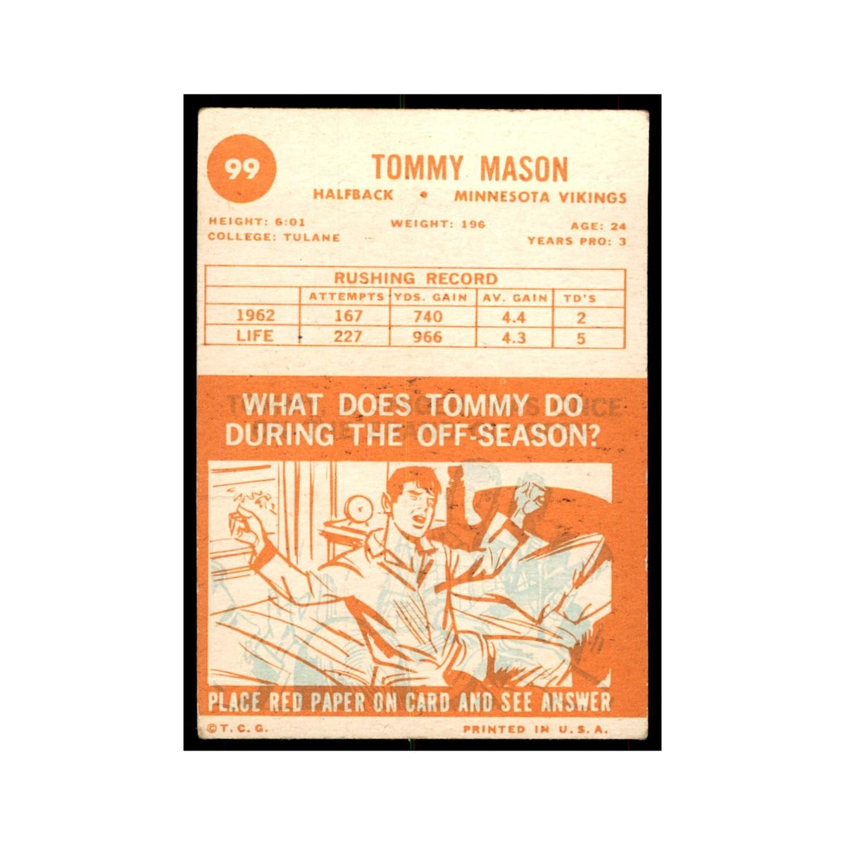 1963 Topps Tommy Mason Football Cards #99