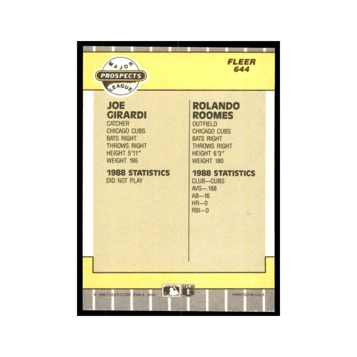 1989 Fleer Joe Girardi/Rolando Roomes RC #644