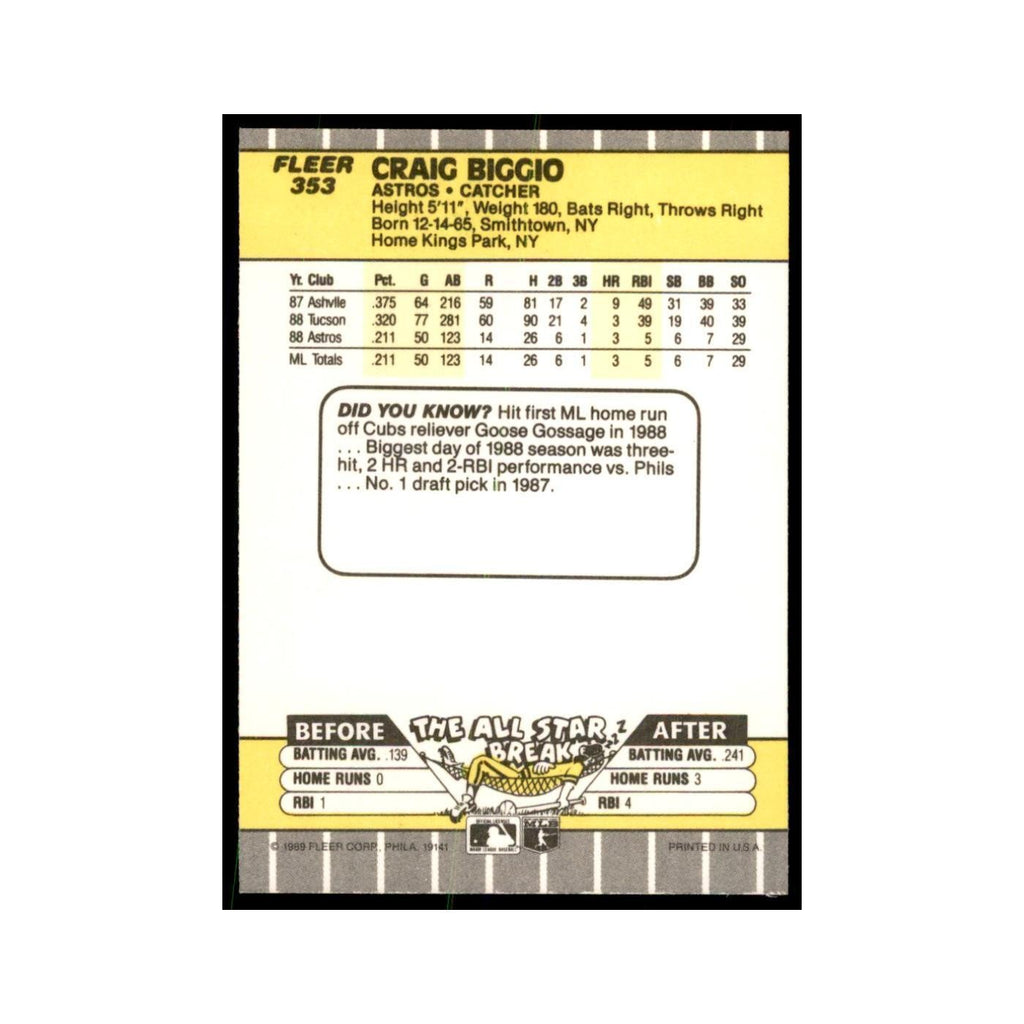 1989 Fleer Craig Biggio RC Astros #353