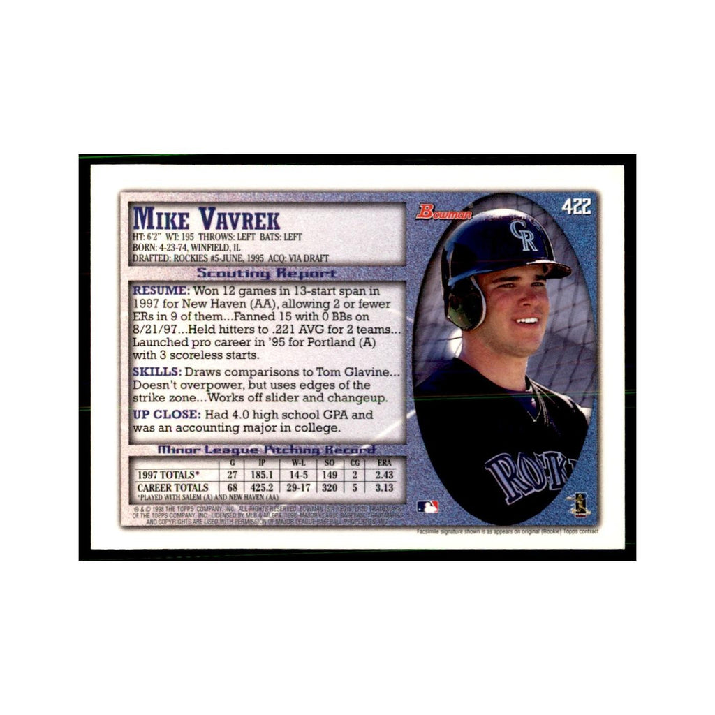 1998 Bowman Mike Vavrek Baseball Cards #422