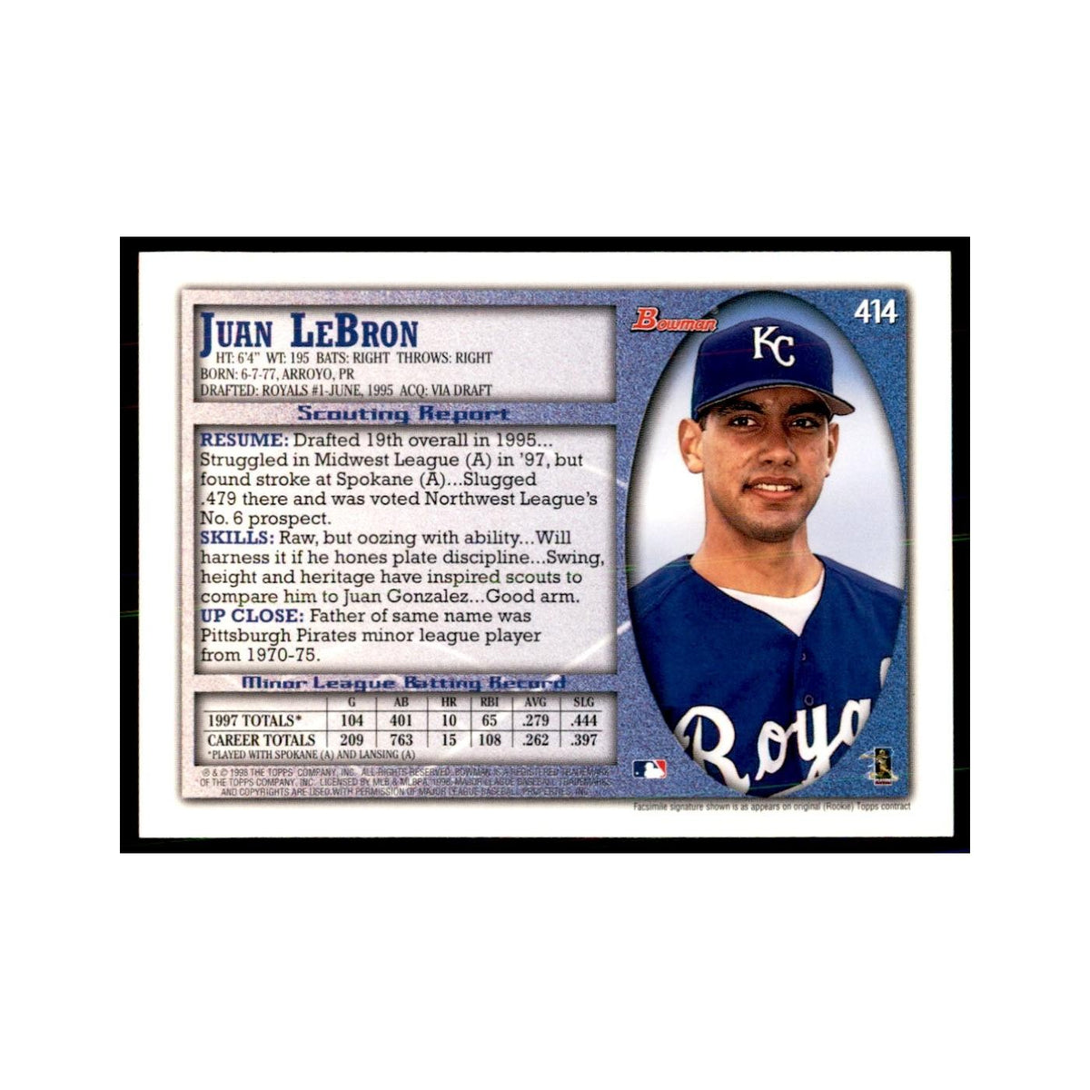 1998 Bowman Juan LeBron Baseball Cards #414