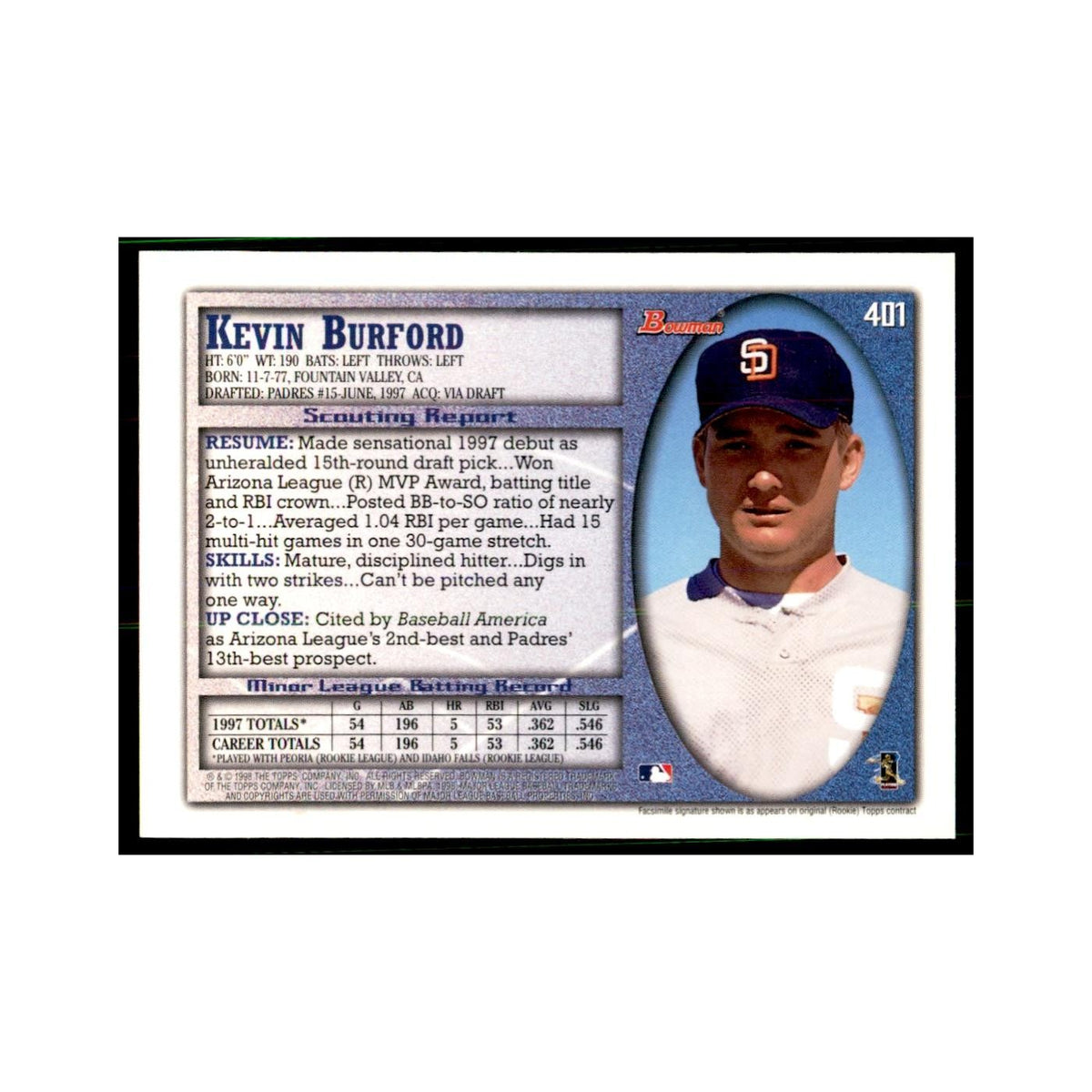 1998 Bowman Kevin Burford Baseball Cards #401
