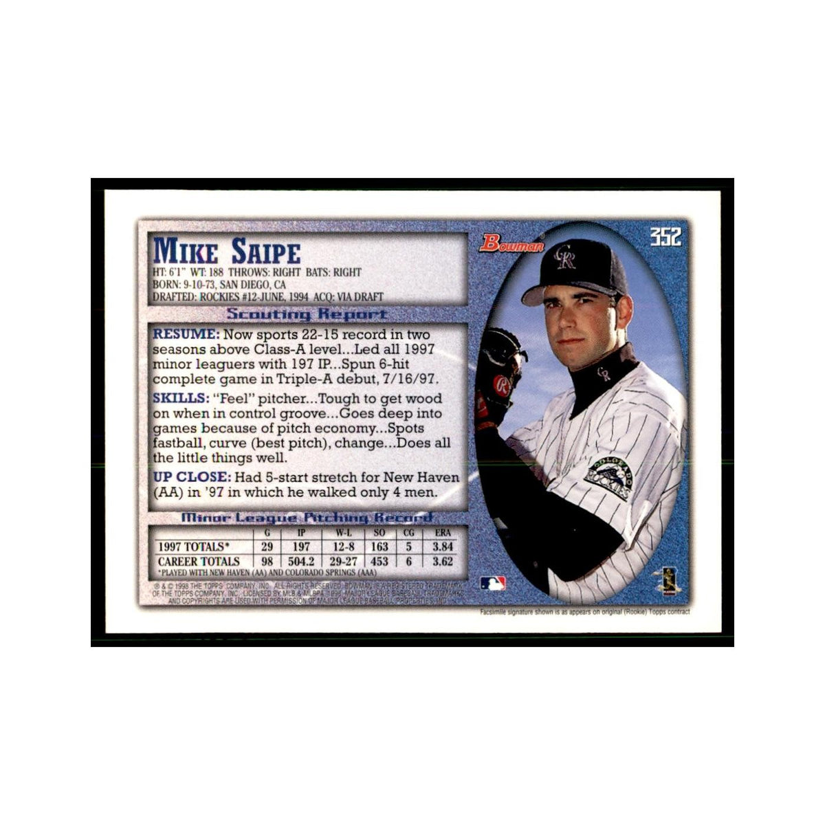 1998 Bowman Mike Saipe Baseball Cards #352