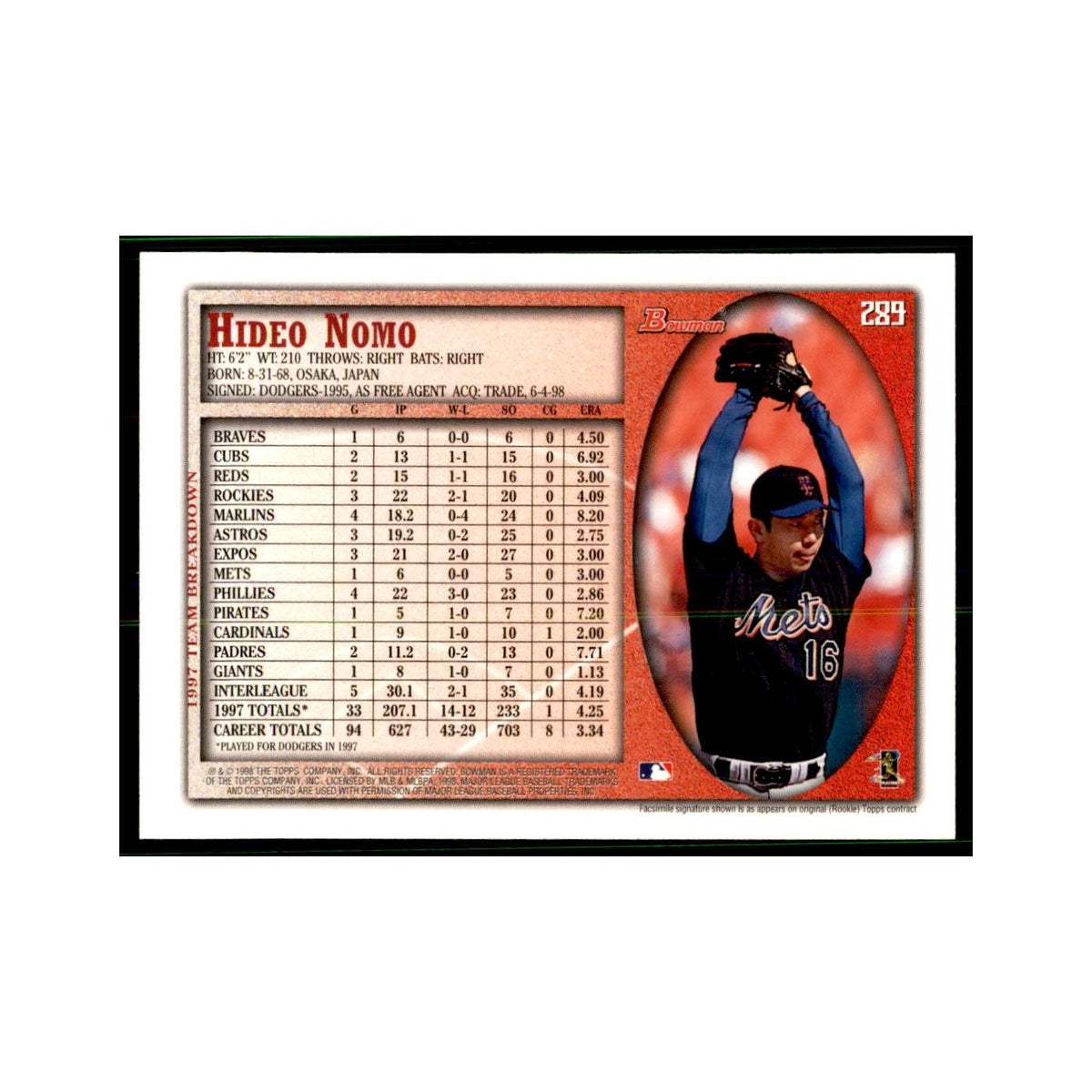 1998 Bowman Hideo Nomo Baseball Cards #289