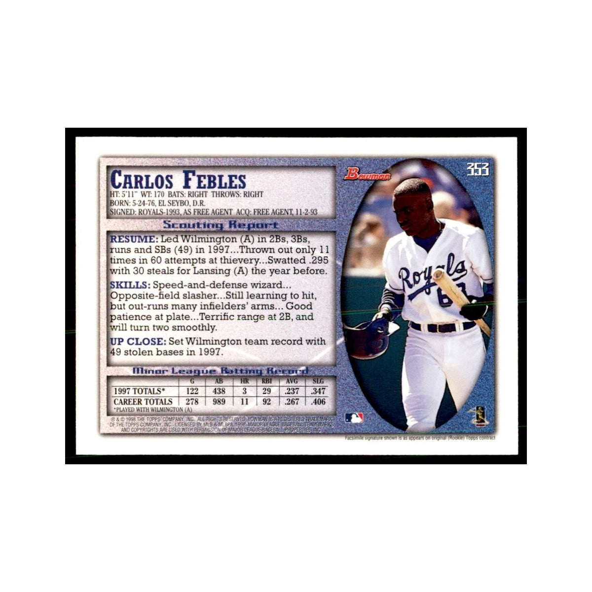 1998 Bowman Carlos Febles Baseball Cards #353