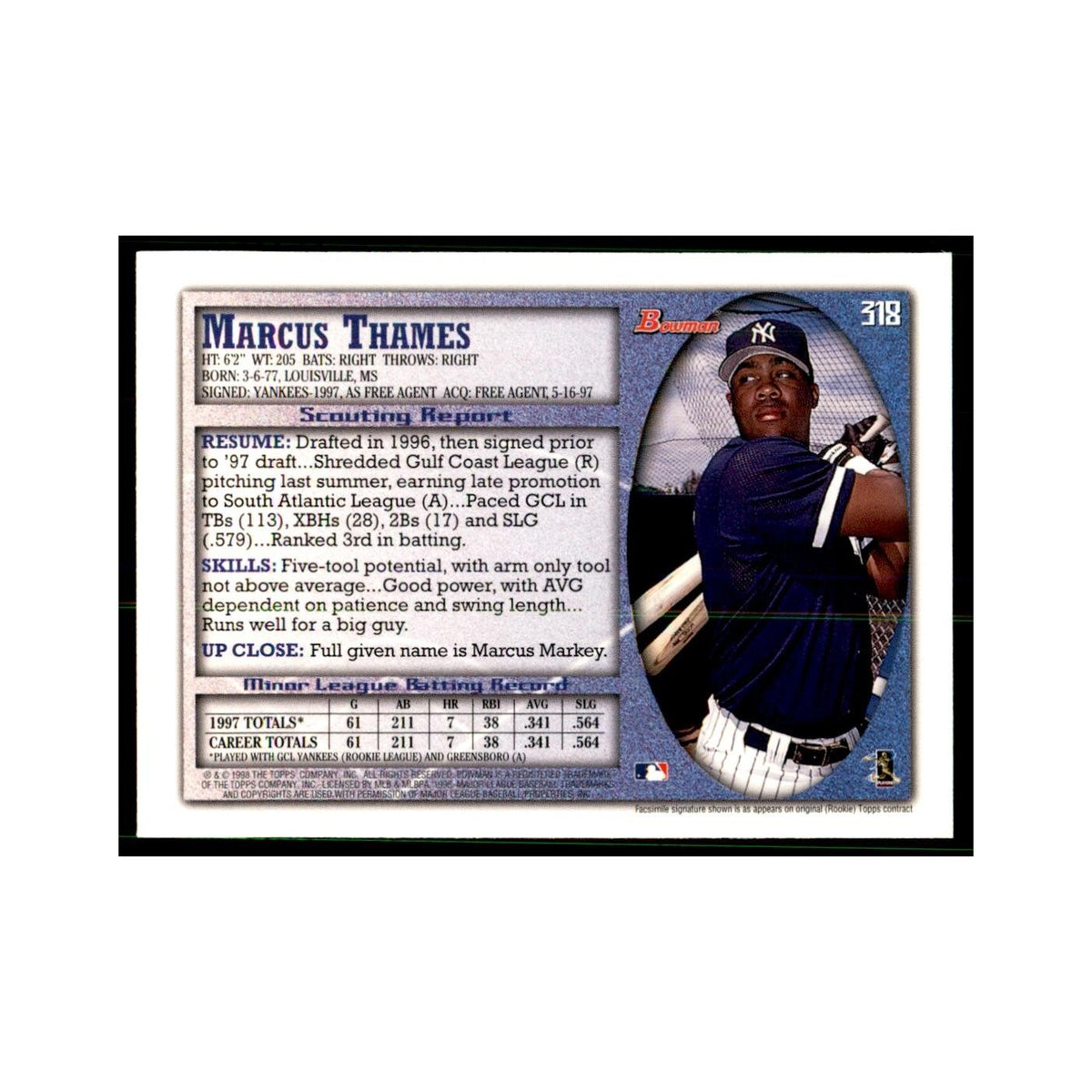 1998 Bowman Marcus Thames Baseball Cards #318