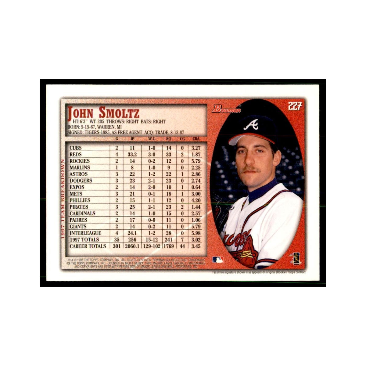 1998 Bowman John Smoltz Baseball Cards #227