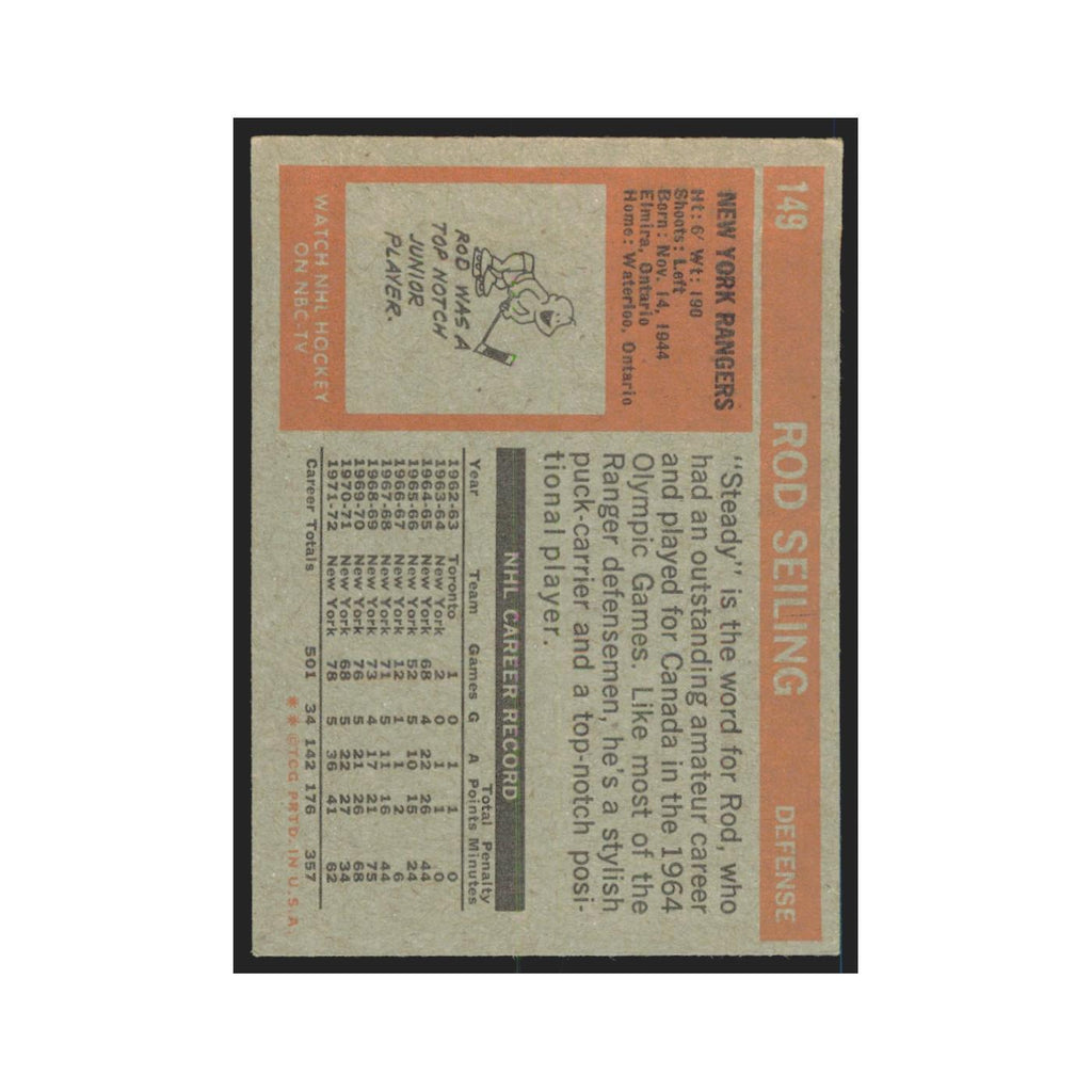 1972 Topps (damaged) Rod Seiling New York Rangers #149