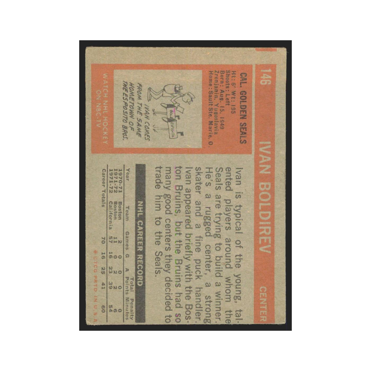 1972 Topps (damaged) Ivan Boldirev California Golden Seals #146
