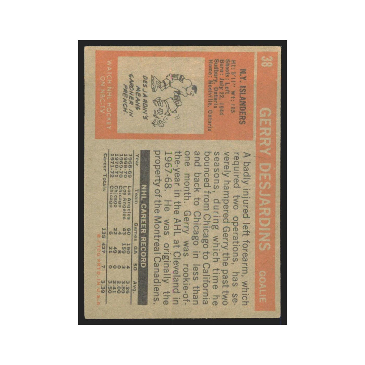 1972 Topps (damaged) Gerry Desjardins New York Islanders #38