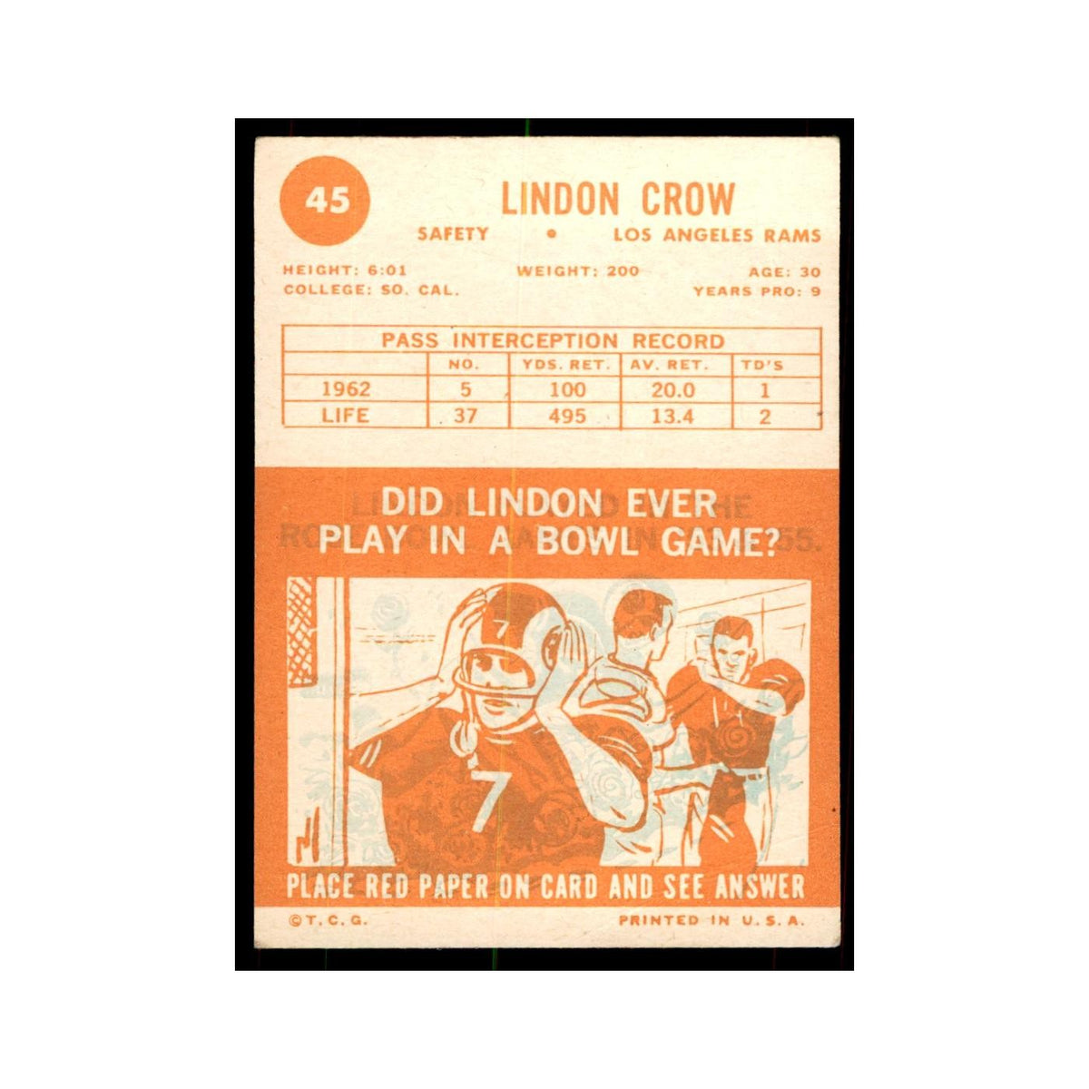 1963 Topps (damaged) Lindon Crow Football Cards #45