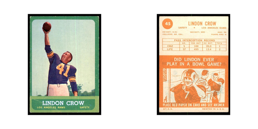 1963 Topps (damaged) Lindon Crow Football Cards #45