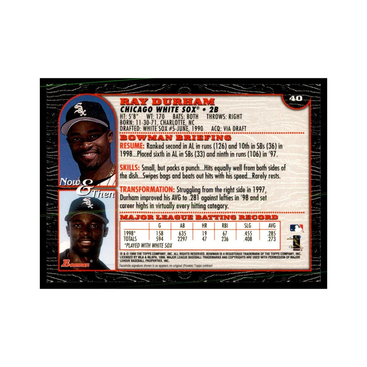 1999 Bowman Ray Durham Baseball Cards #40