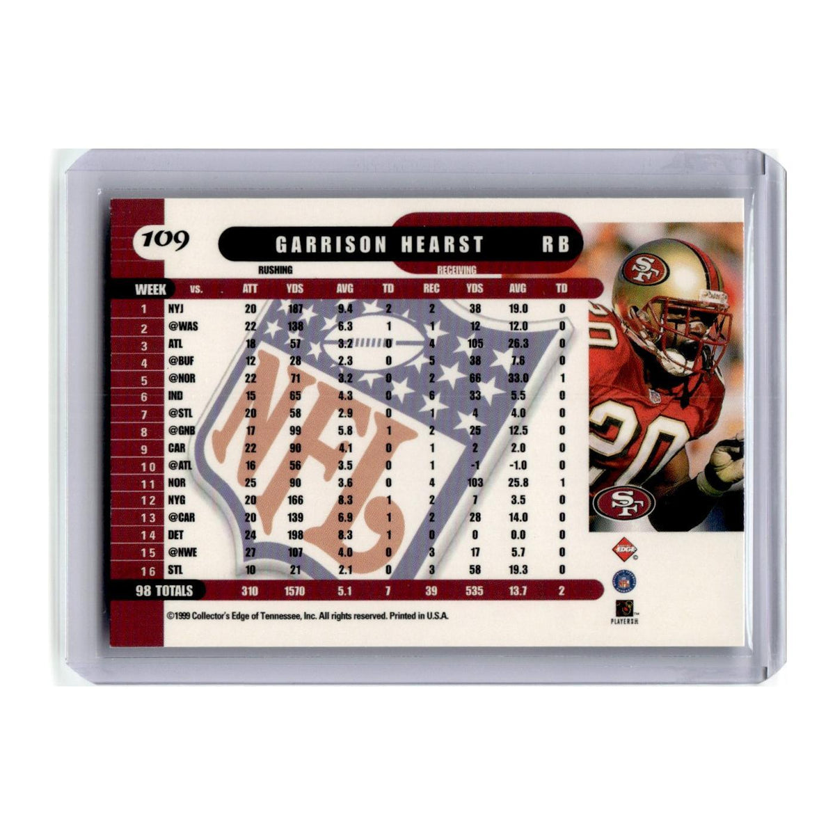 Garrison Hearst 1999 Collector's Edge Supreme #109 San Francisco 49ers NM