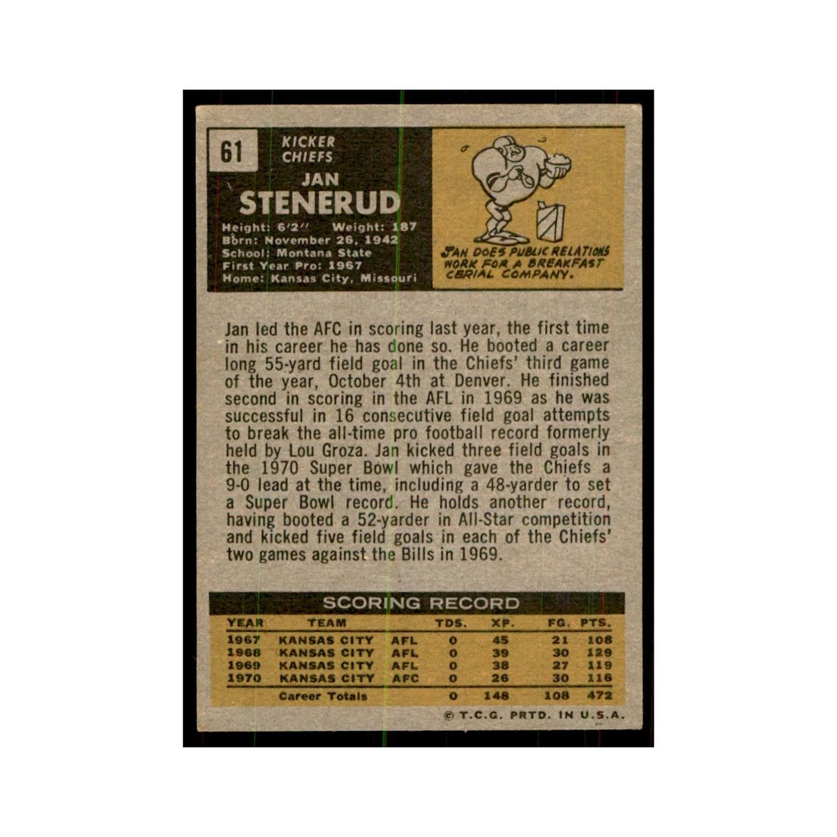 1971 Topps Jan Stenerud Football Cards #61