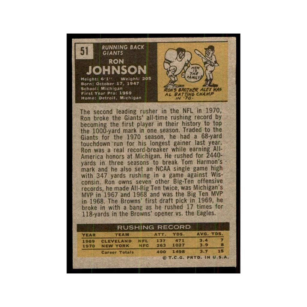 1971 Topps Ron Johnson Football Cards #51