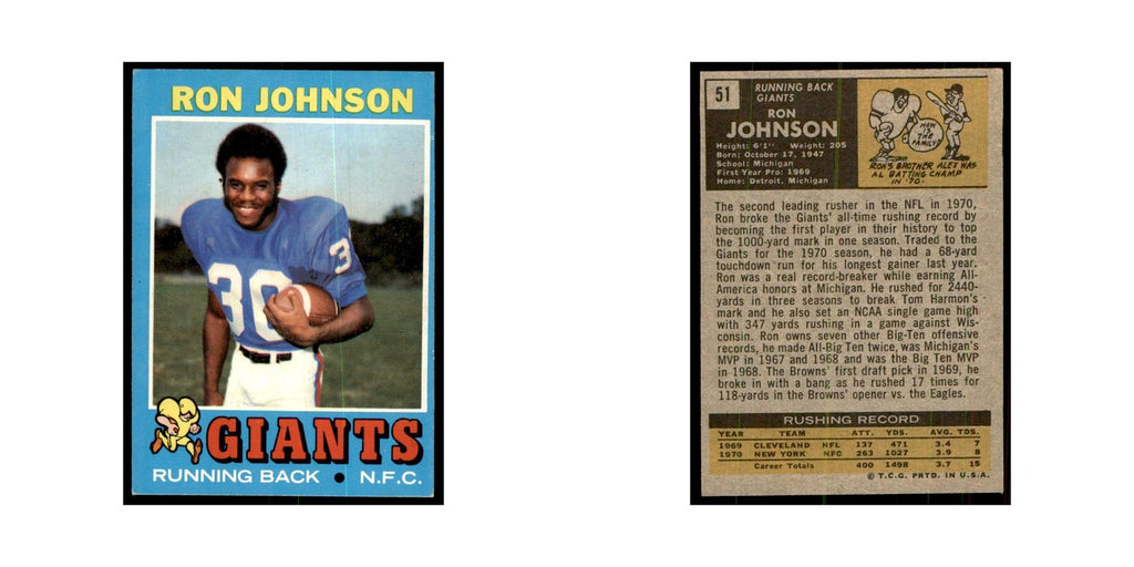 1971 Topps Ron Johnson Football Cards #51