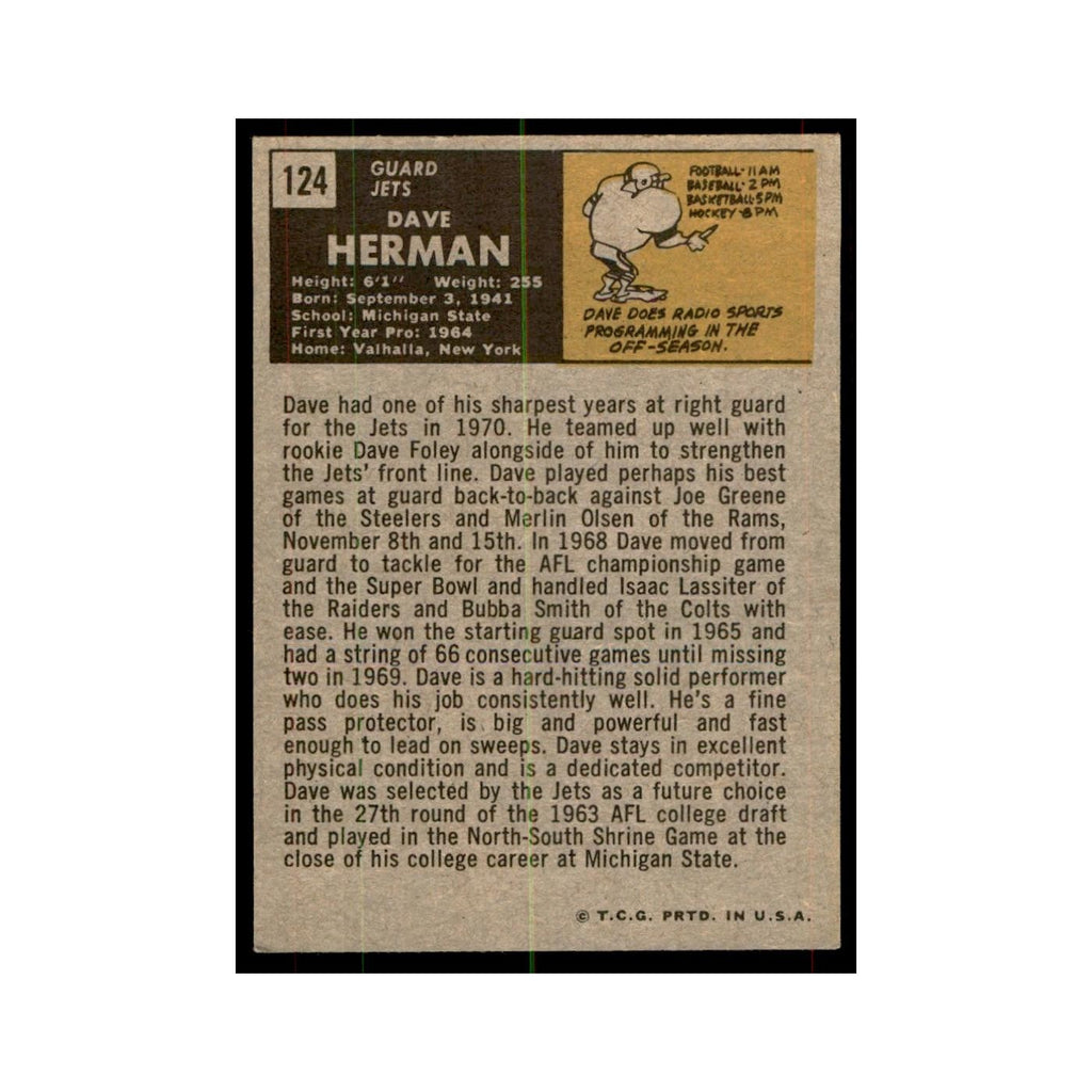 1971 Topps Dave Herman Football Cards #124