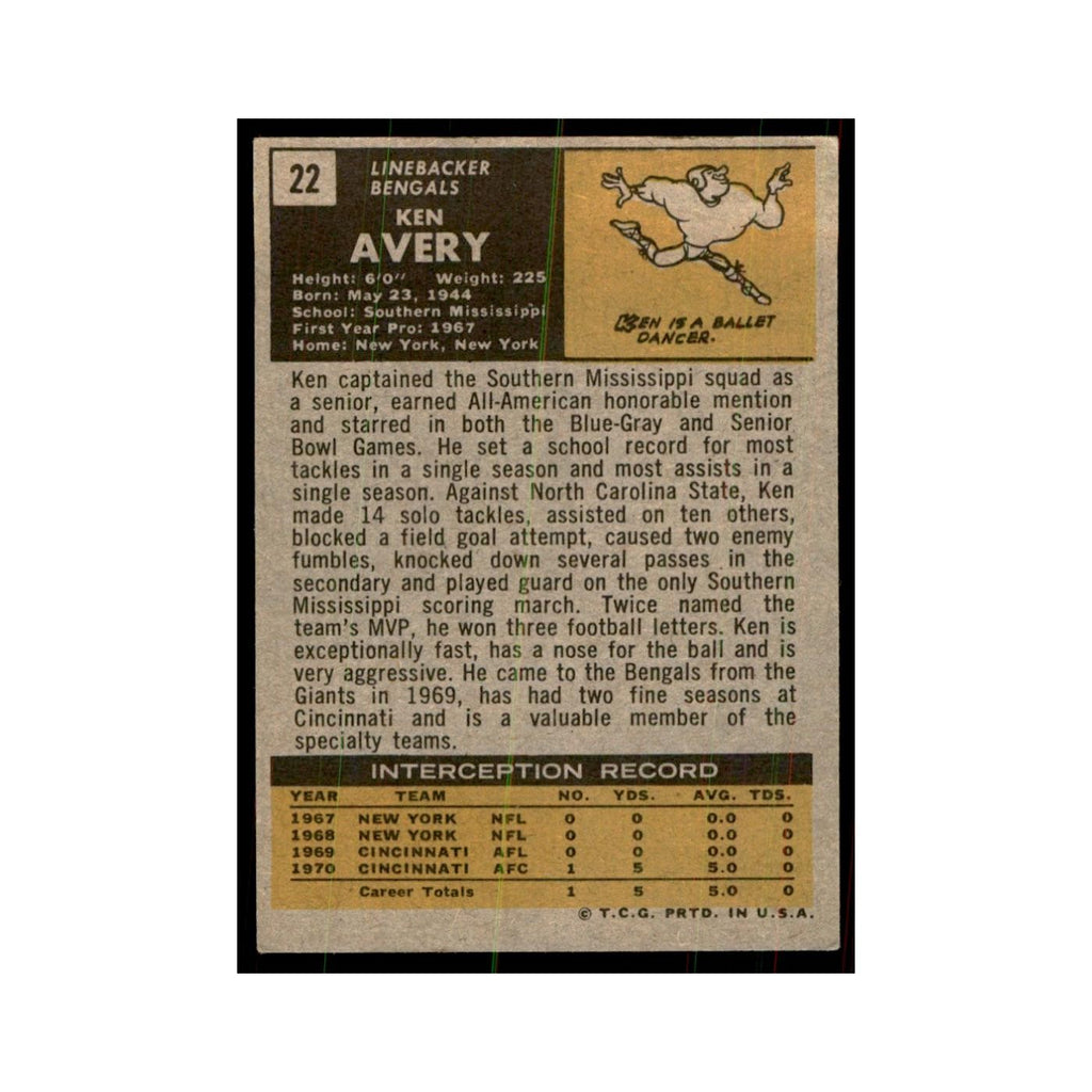 1971 Topps Ken Avery Football Cards #22