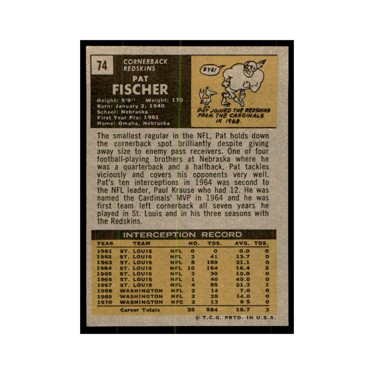 1971 Topps Pat Fischer Football Cards #74