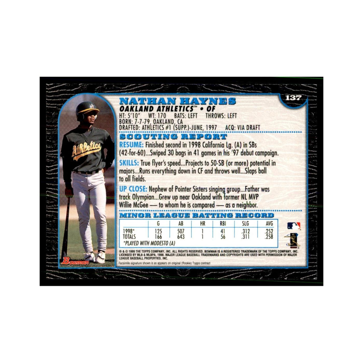 1999 Bowman Nathan Haynes Baseball Cards #137