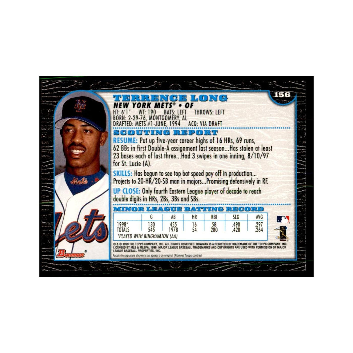 1999 Bowman Terrence Long Baseball Cards #156