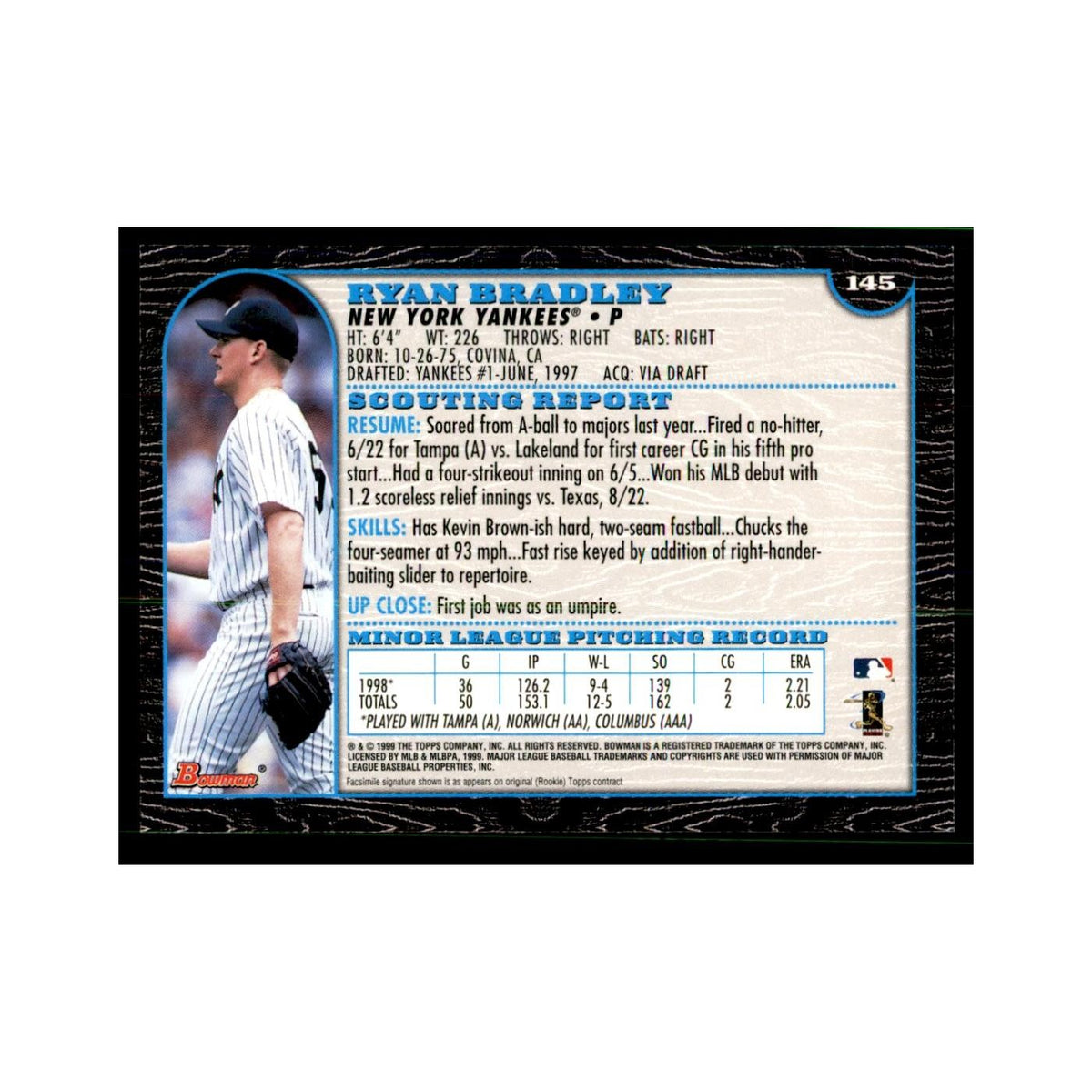 1999 Bowman Ryan Bradley Baseball Cards #145