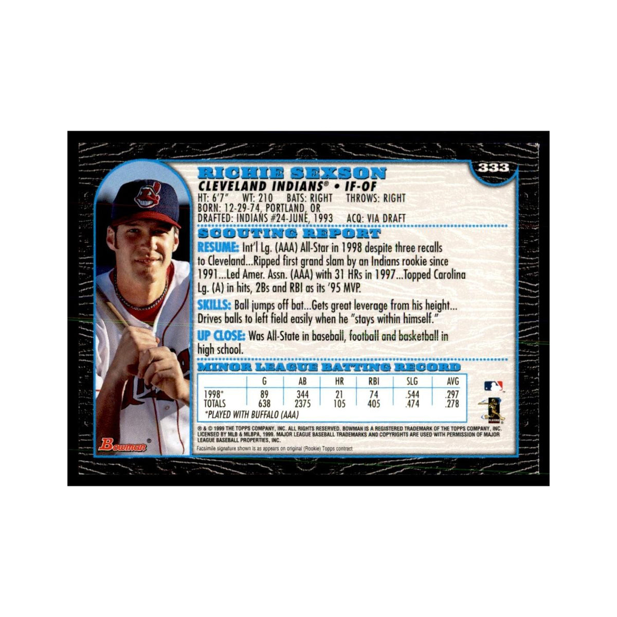 1999 Bowman Richie Sexson Baseball Cards #333