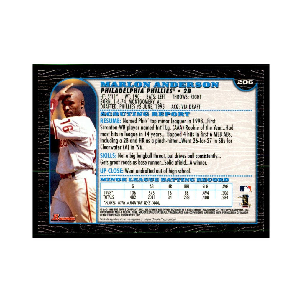 1999 Bowman Marlon Anderson Baseball Cards #206