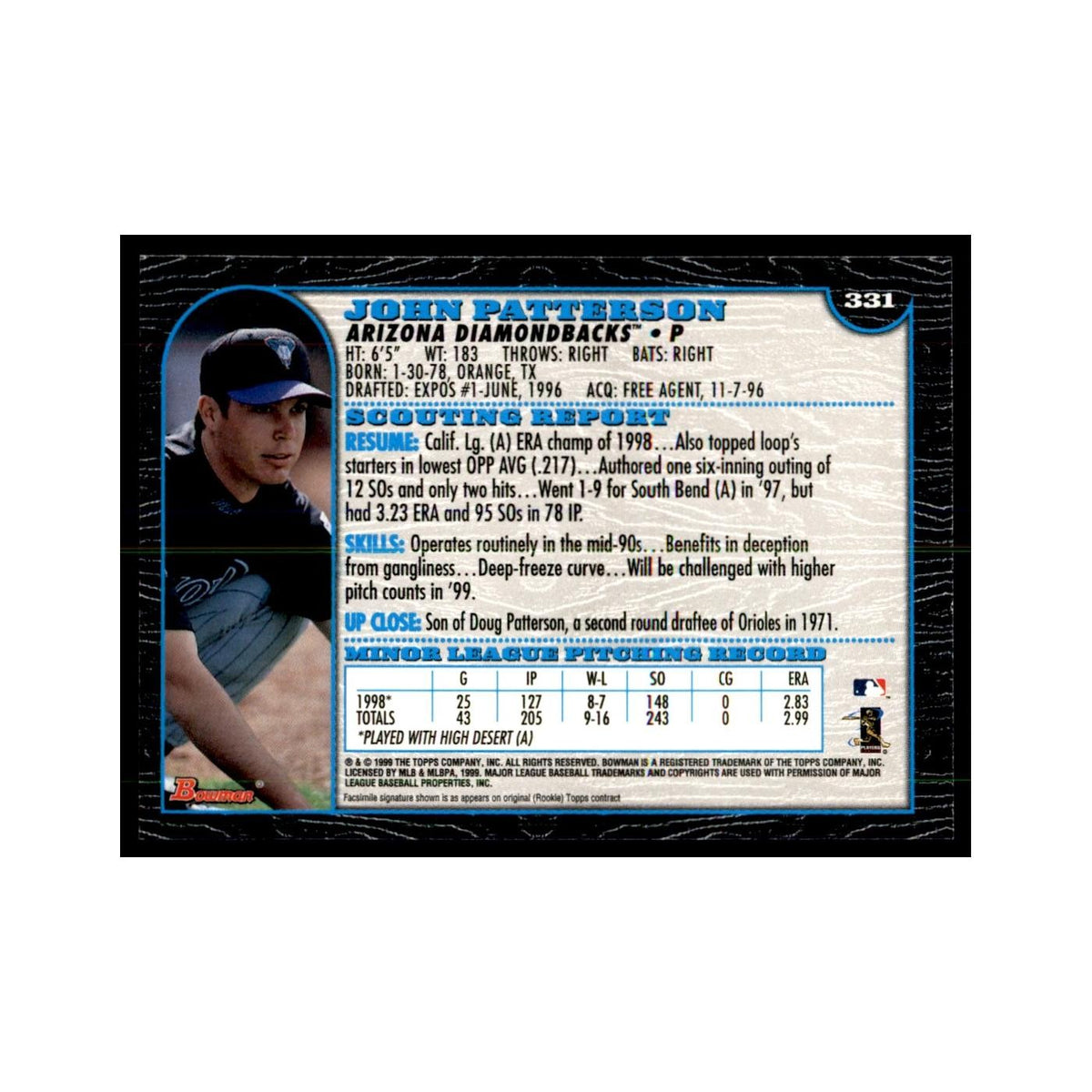 1999 Bowman John Patterson Baseball Cards #331