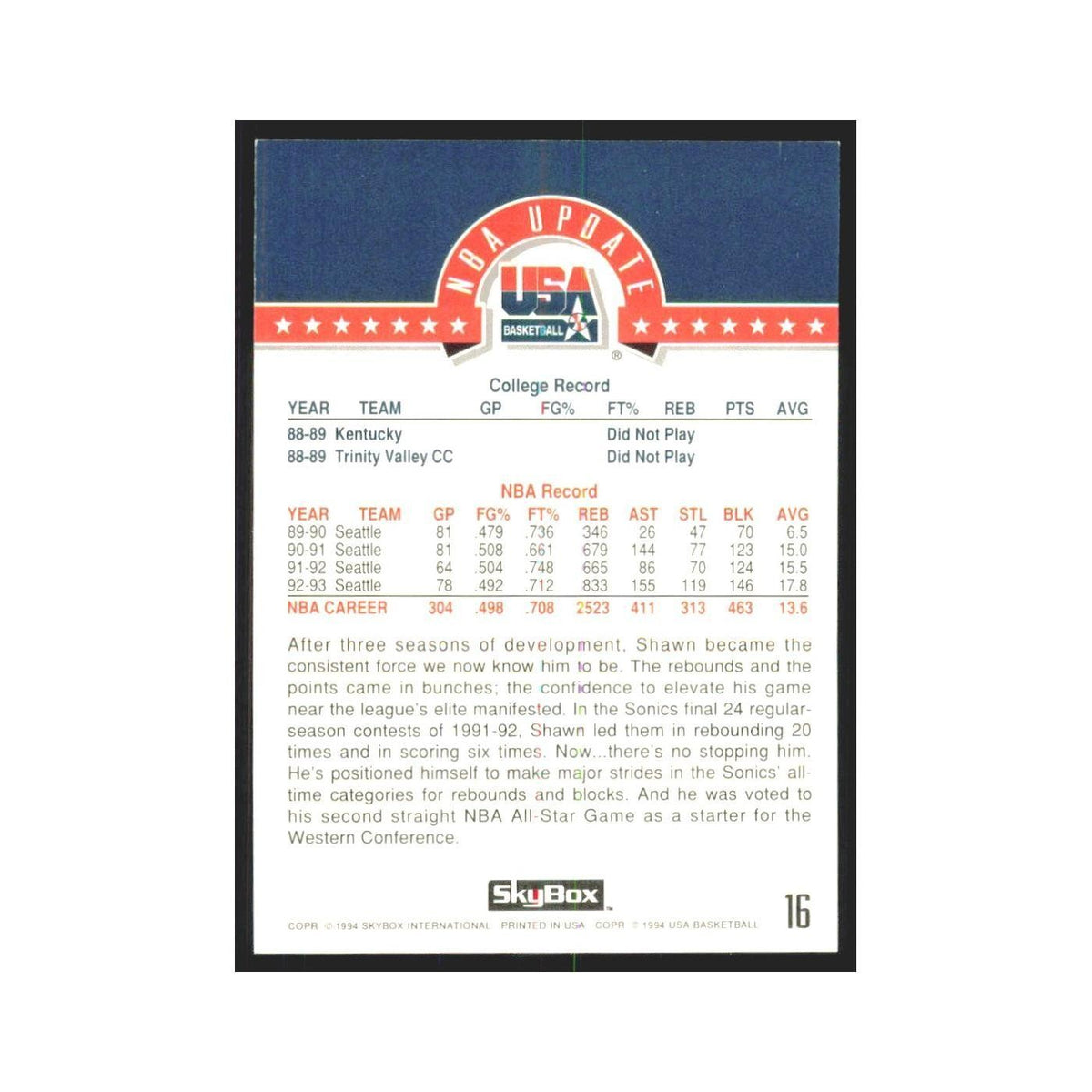 1994 SkyBox USA Shawn Kemp USA #16