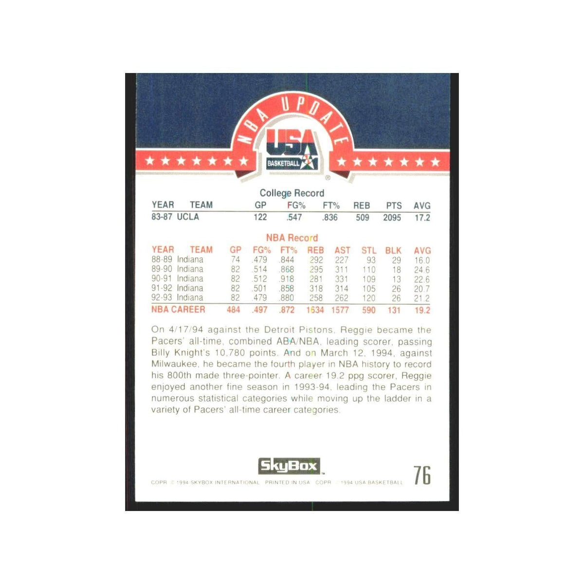1994 SkyBox USA Reggie Miller USA #76