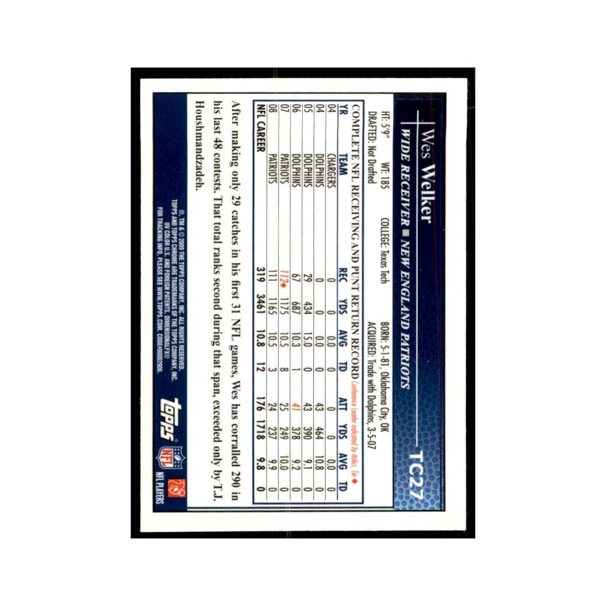2009 Topps Chrome Wes Welker Football Cards #TC27