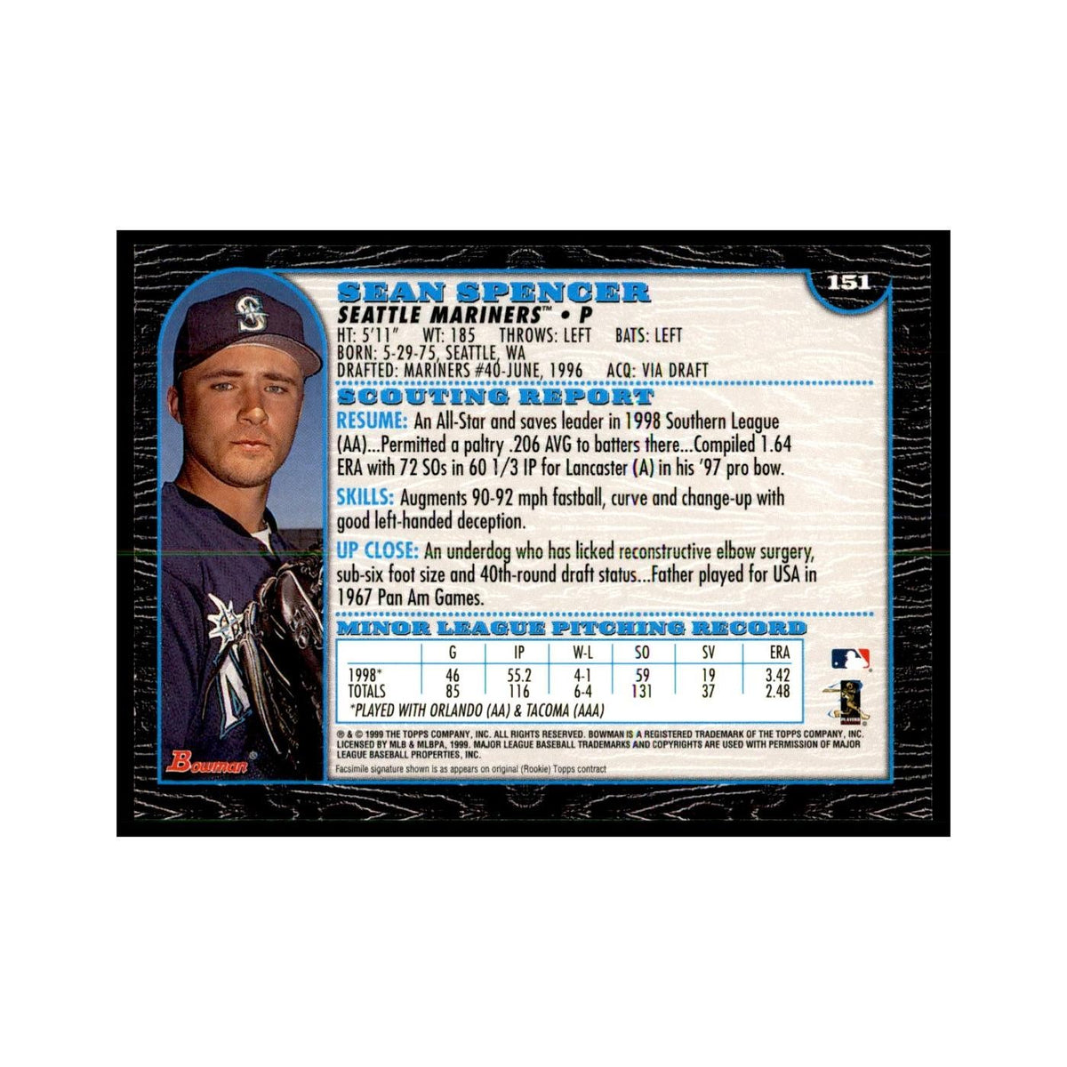 1999 Bowman Sean Spencer Baseball Cards #151