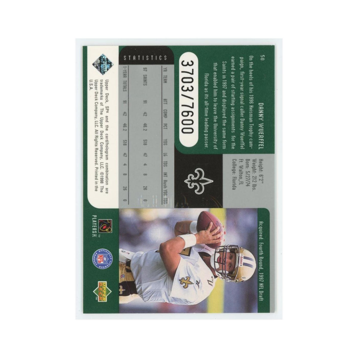 Danny Wuerffel #/7600 1998 Upper Deck SPx #50 New Orleans Saints NM