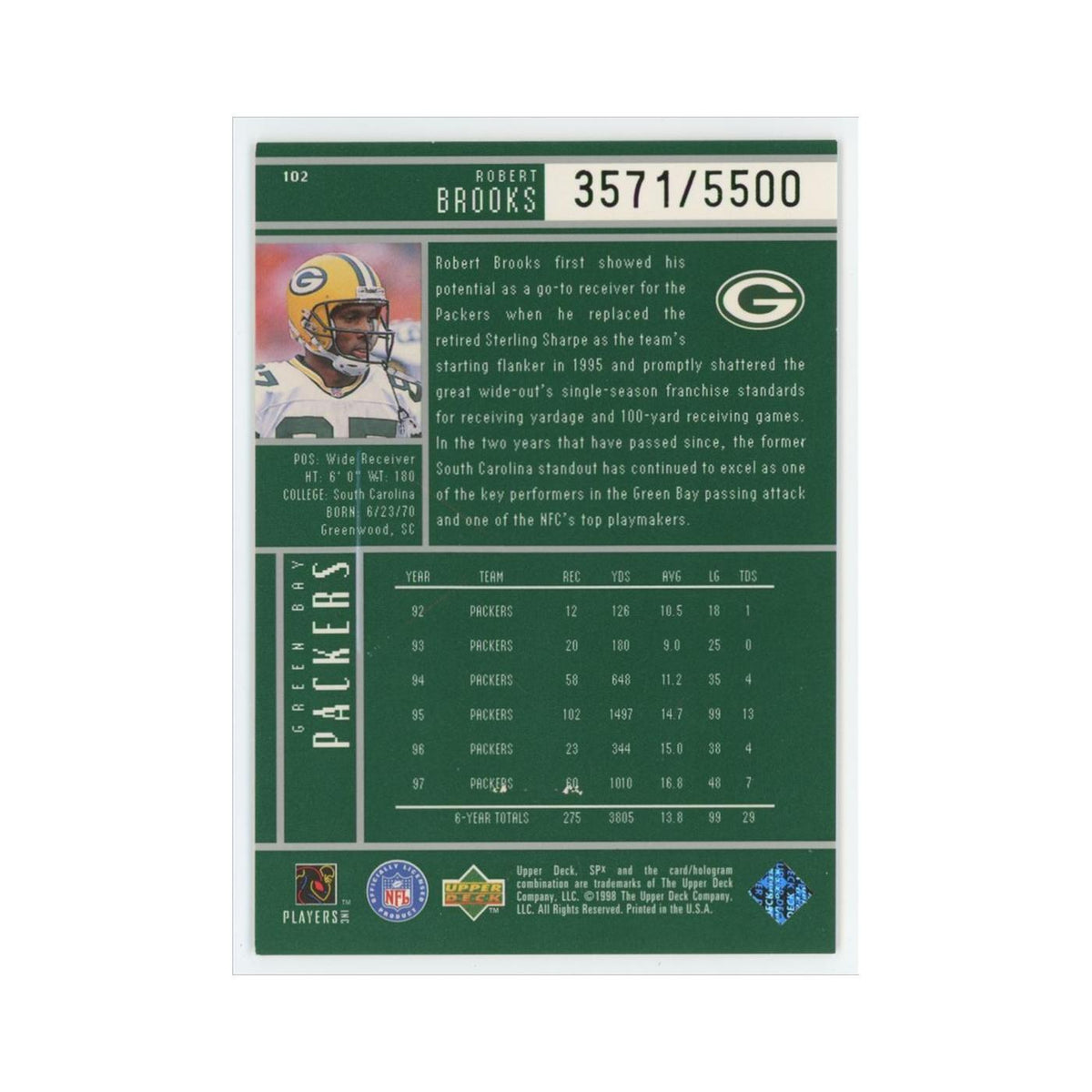 Robert Brooks #/5500 1998 Upper Deck SPx #102 Green Bay Packers Football Card NM