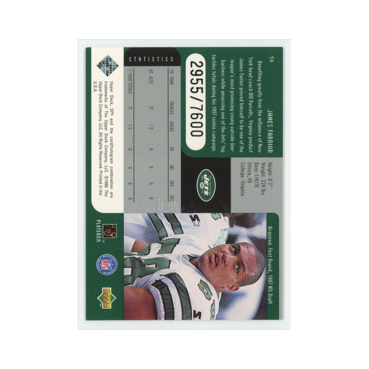 James Farrior #/7600 1998 Upper Deck SPx #59 New York Jets Football Card NM