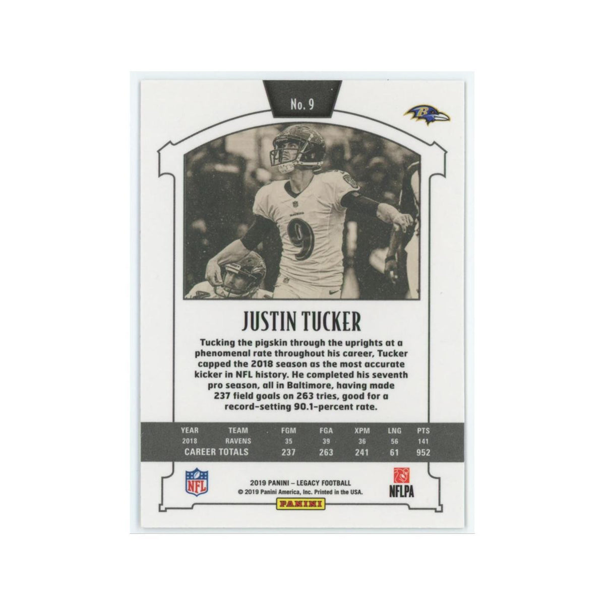 Justin Tucker 2019 Panini Legacy #9 Baltimore Ravens Football Card NM